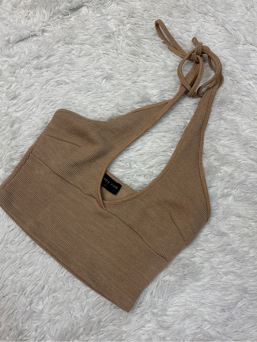 White Fox Halter Tan Tank Top Cropped